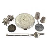 Sterling 108g Powder Box Thimbes Earrings Clips