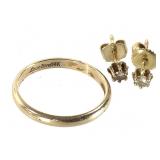 14K YG Wedding Band & Single Dia. Earring 2.3g TW