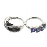 Tanzanite & B&W Diamond Sterling Rings 7.6g TW Sz7