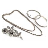 Sterling 35g Necklace Rose Pin & 2 Bracelets