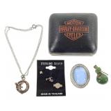 Sterling 28g Harley Davidson Necklace And Pins +