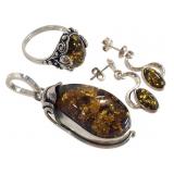 Sterling 16g Green Amber Sz 7 W/ Pendant Earrings