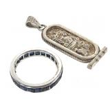Sterling 9g Cartouche And Sapphire Ring Sz 6.5