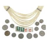 Faux Pearl Necklace W/ Greek Coins Nickels