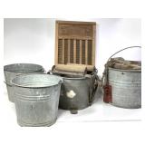 National Washboard 2 Mop Buckets & 2 Galv. Pales