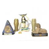 3 Egyptian Themed Decanters & 2 Drinking Glasses