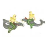 2 Atlantic Mold Mermaids on Dolphins Ceramic Decor