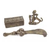 Brass Gold Dust Box Figural Weight & Amulet