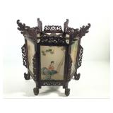 Oriental Wood Frame Light Shade w/ Glass Scenes