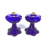 2 Cobalt Blue Coolidge Drape Glass Oil Lamps