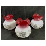 3 Cranberry Tint & Etched Filigree Glass Shades