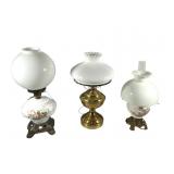 2 Floral Glass Table Lamps & 1 Brass Table Lamp