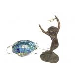 Lg Figural Nude Bronze Stained Glass Lamp Damaged