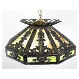 Green-Amber Slag Glass Pendant Light Fixture