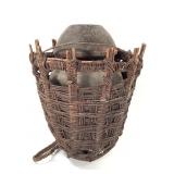 Kenyan Lidded Wood Pot With Basketry Carrier