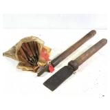 2 Large Ant. Wood Chisels & Bag of Sm. Wood Chisel