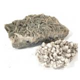 Gr xln FL Conichacite on Qrtz & Qrtz Cal Chalcopy