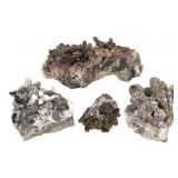 4 Calcite Quartz Clusters w Malachite Psilomelane+