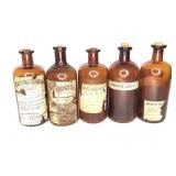 5 Amber Glass Apothecary Bottles 7" H