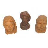 3 Carved Wood Busts Signed Don Edwards