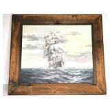 Framed Painting Ship at Sea Signed Maria