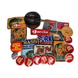 Vtg Fishing Reel, Patches, Pins