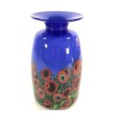Mad Art Blue Glass Vase w/ Red Millefiori Flowers