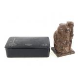 Inlaid Laquered Wood Box & Carved Figure