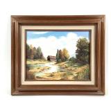 E. Howe Framed Barn Landscape Oil Painting