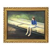 Framed Girl Fishing at Dock Painting on Canvas