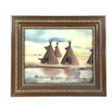 Framed Teepee River Landscape Painting on Canvas
