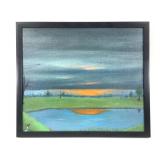 Framed Lake Sunset Painting on Canvas