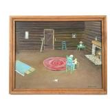 Framed Log Cabin Interior Painting on Canvas