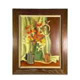 Still Life Old Pewter & Flowers Oil Signed A Baird