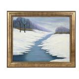 Framed Snowy Landscape Painting on Canvas