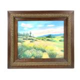 Framed Flower Field w/ Cactus Painting on Canvas