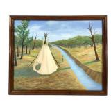 Framed Camping by River Painting on Canvas