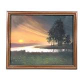 Framed River Sunset Landscape Painting on Canvas