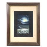 1899 Framed Moonlit Ocean Watercolor