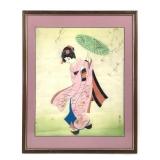 Framed Japenese Geisha Painting on Silk