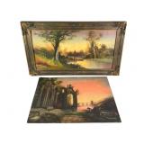 2 English School Romantic Period Paintings on Card