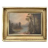 Antique Asian Lagoon Oil Painting w Frame