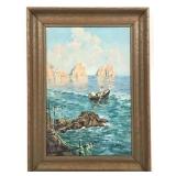 Italian Oil on Canvas FR Faraglioni Con Pescatori