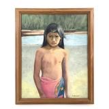 Framed Boy by River Painting on Canvas