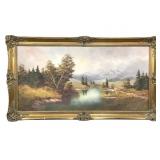 Lg Framed Mountain Range Painting on Canvas