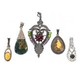 5 Sterling SP Stone+ Pendants 40.8g TW