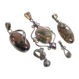 5 Sterling Stone Pendants Amethyst Unakite Jasper+