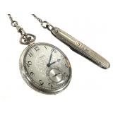 14K GF Elgin 17J Pocket Watch wGF Chain & Knife