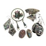 Sterling Alpaca Mex Silver Abalone Earrings Brooch