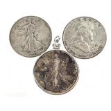 3 90% Half Dollars, 2 Walkers and 1 Franklin. One
